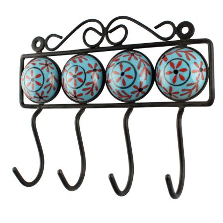 Turquoise Ceramic Floral Tiles Hooks 